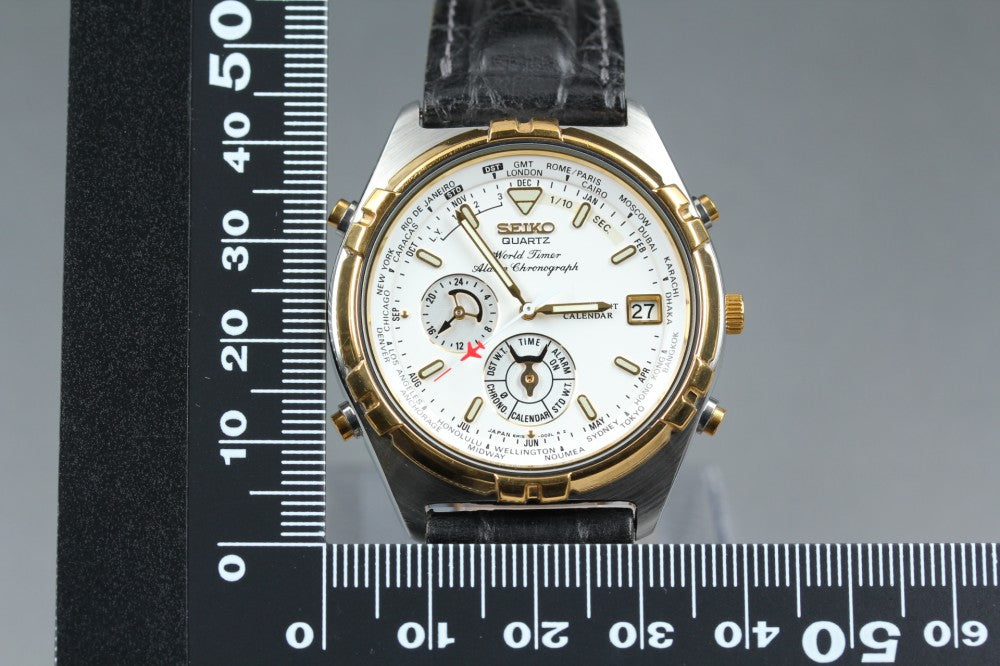 Near MINT SEIKO World Timer 6M15-0020 White Quartz 39mm Men's Watch 1996