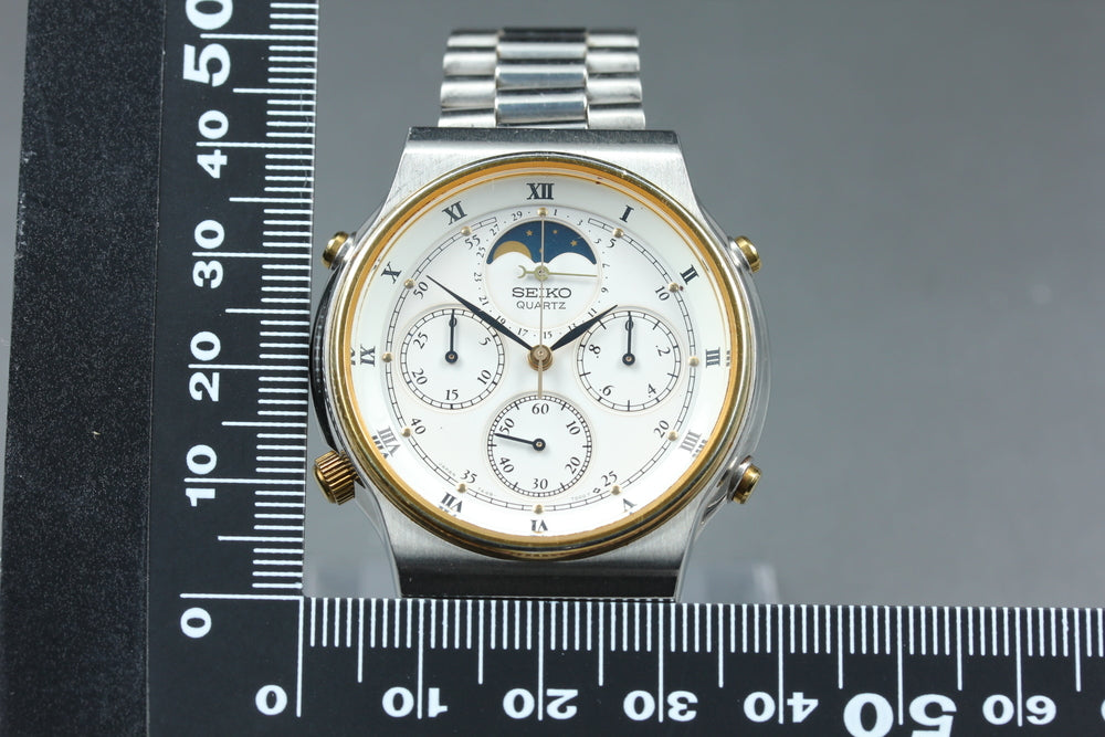 SEIKO Chronograph Moon Phase 7A48-7000 White Quartz 37mm Men's Watch 1984