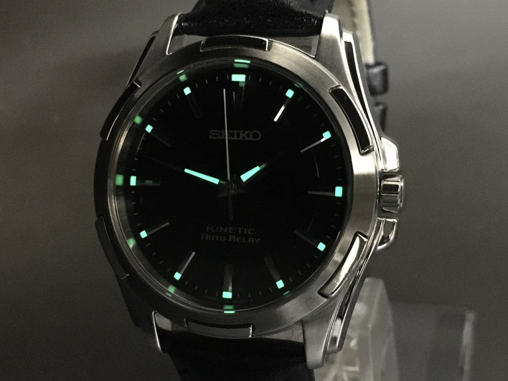 Near MINT SEIKO KINETIC AUTO RELAY 5J21-0A10 Black Quartz 34.8mm Men's Watch 1999
