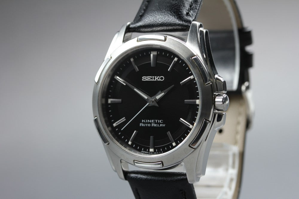 Near MINT SEIKO KINETIC AUTO RELAY 5J21-0A10 Black Quartz 34.8mm Men's Watch 1999