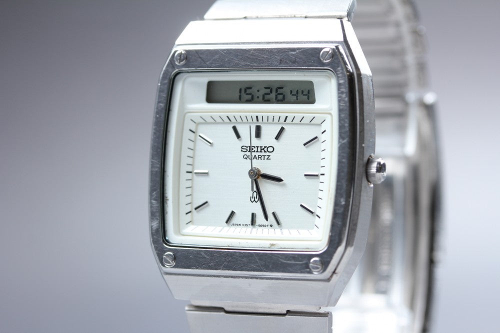 SEIKO Hybrid H357-5030 Silver Quartz 32.3mm Men's Watch 1980
