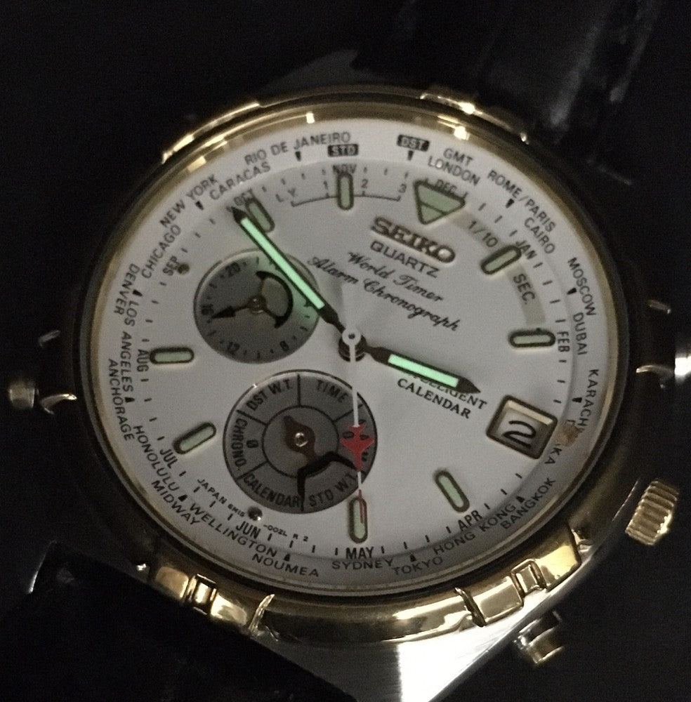 Near MINT SEIKO World Timer 6M15-0020 White Quartz 37mm Men's Watch 1995