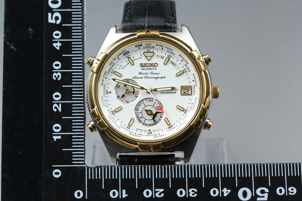 Near MINT SEIKO World Timer 6M15-0020 White Quartz 37mm Men's Watch 1995