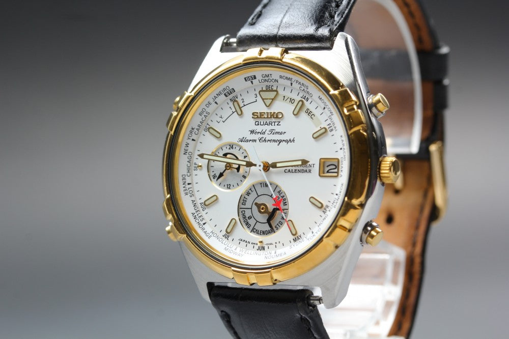 Near MINT SEIKO World Timer 6M15-0020 White Quartz 37mm Men's Watch 1995