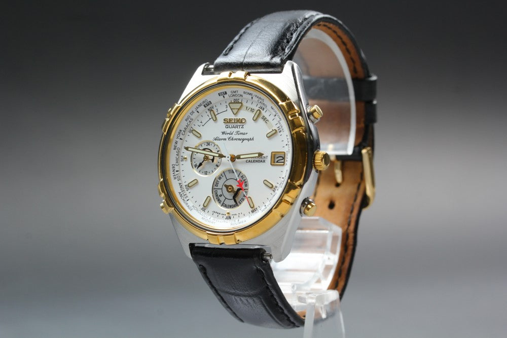 Near MINT SEIKO World Timer 6M15-0020 White Quartz 37mm Men's Watch 1995