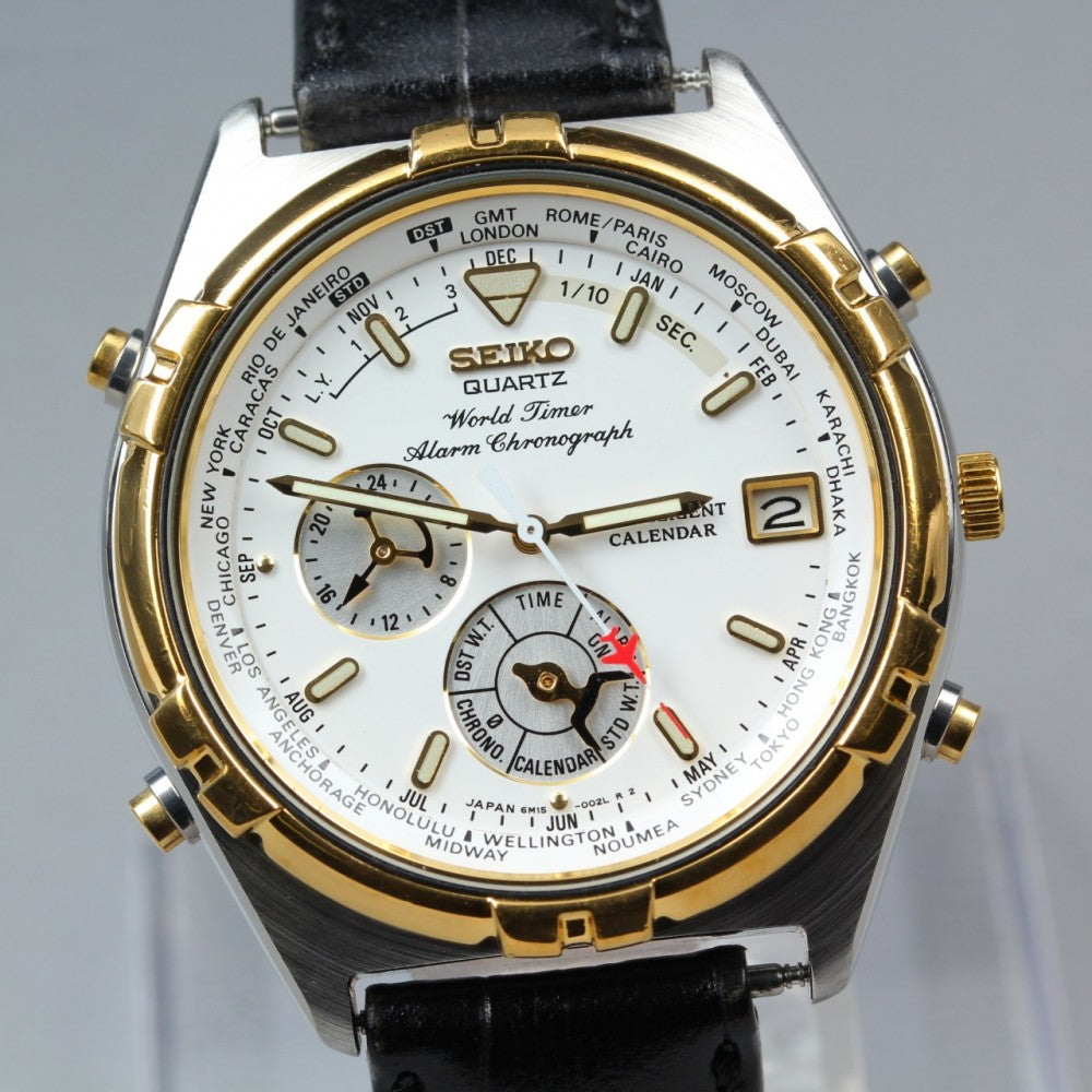 Near MINT SEIKO World Timer 6M15-0020 White Quartz 37mm Men's Watch 1995