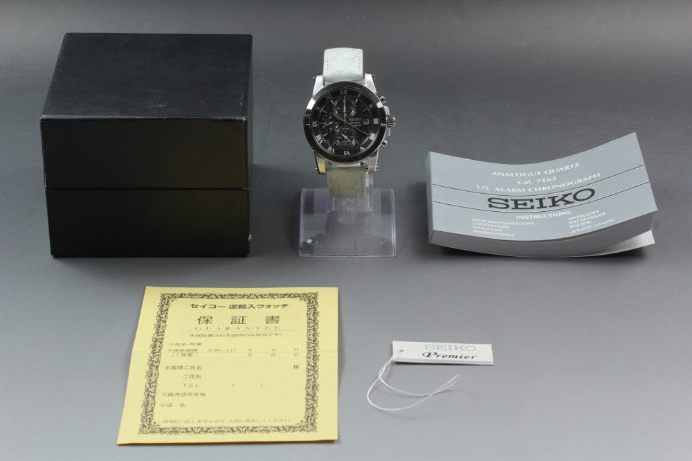 Near MINT SEIKO Premier 7T62-0LE0 Black Quartz 43.5mm Men's Watch 2004