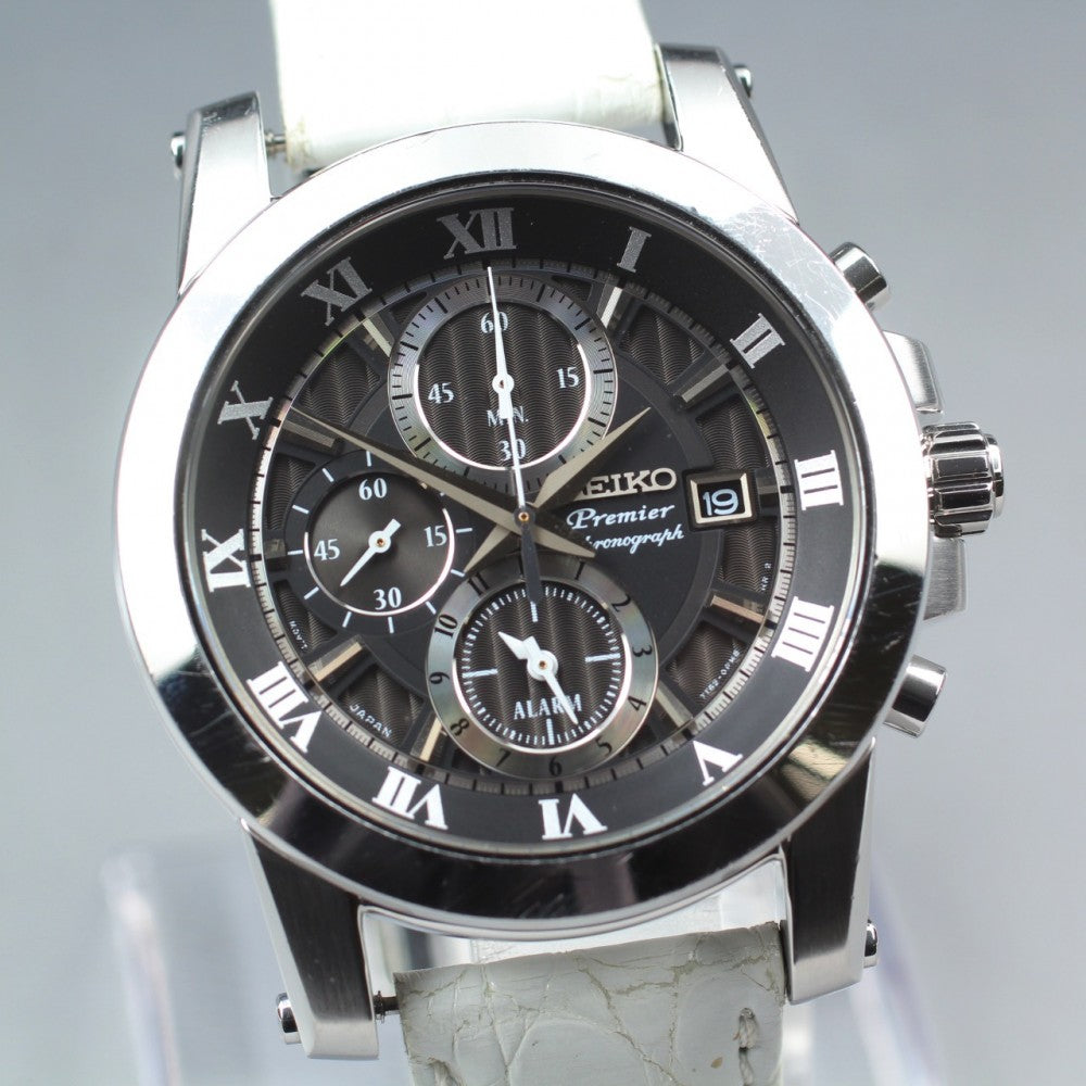 Near MINT SEIKO Premier 7T62-0LE0 Black Quartz 43.5mm Men's Watch 2004