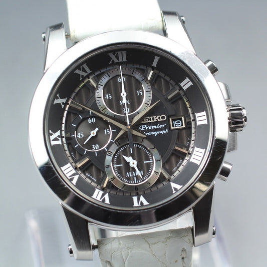 Near MINT SEIKO Premier 7T62-0LE0 Black Quartz 43.5mm Men's Watch 2004