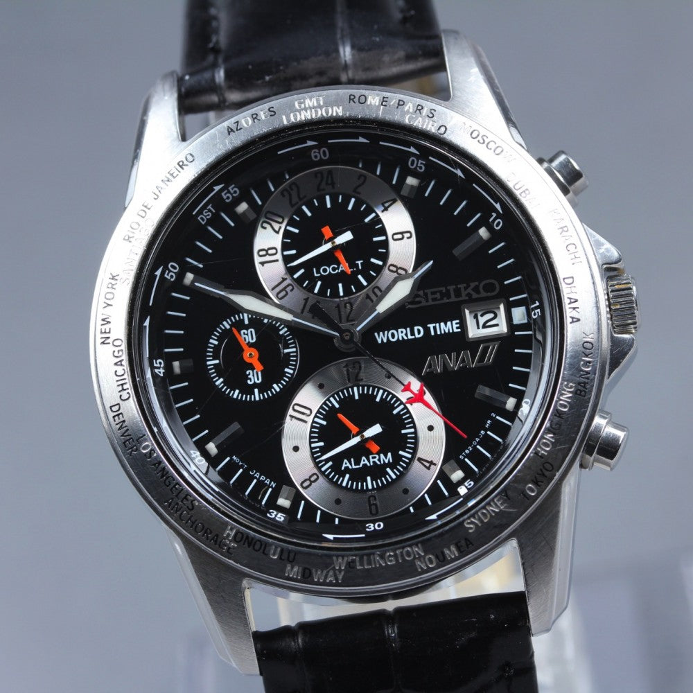SEIKO World Time 5T82-0AH0 Black Quartz 38mm Men's Watch