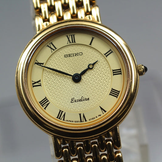 Near MINT SEIKO Exceline 1220-0100 Gold Quartz 23mm Ladies Watch 1988