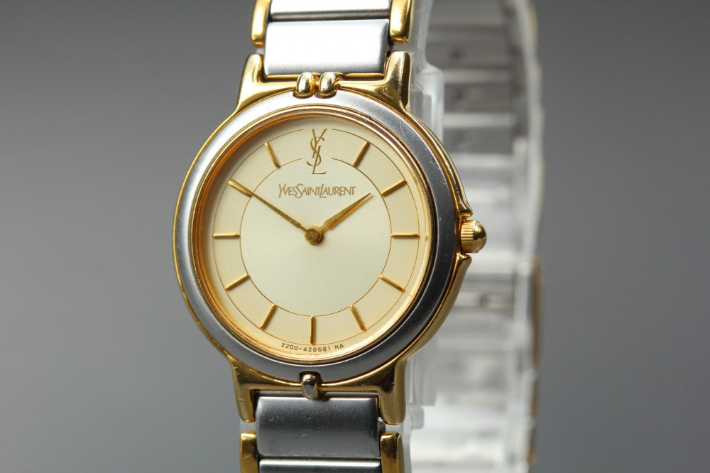 Near MINT Yves Saint Laurent 2200-228481 Gold Quartz 23.5mm Ladies Watch