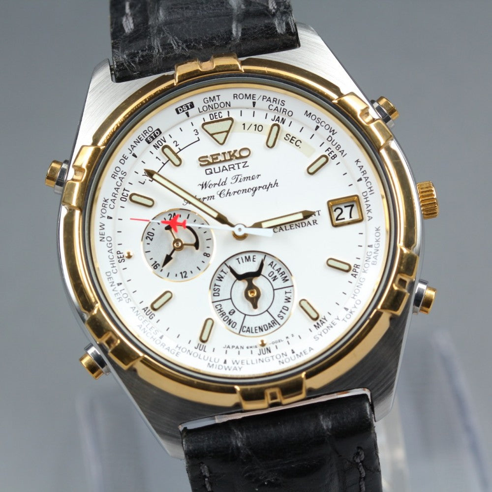 Near MINT SEIKO World Timer 6M15-0020 White Quartz 39mm Men's Watch 1996