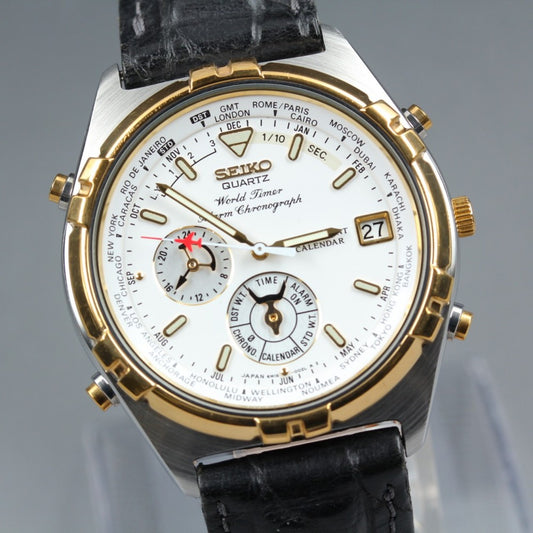Near MINT SEIKO World Timer 6M15-0020 White Quartz 39mm Men's Watch 1996