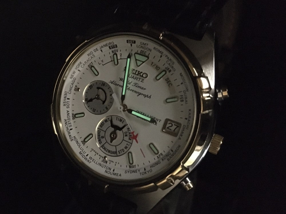 Near MINT SEIKO World Timer 6M15-0020 White Quartz 39mm Men's Watch 1996