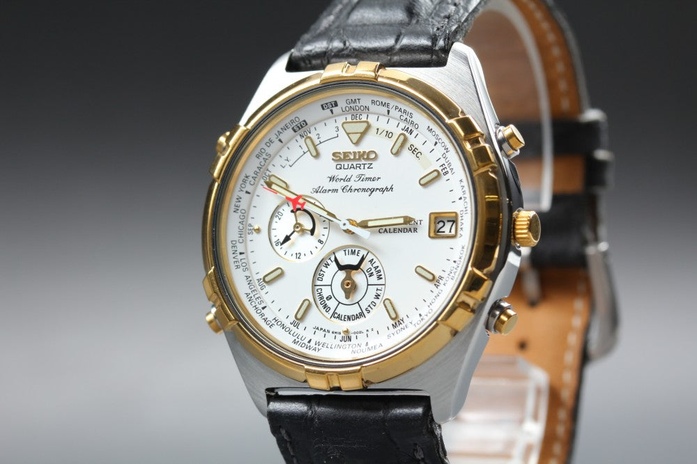 Near MINT SEIKO World Timer 6M15-0020 White Quartz 39mm Men's Watch 1996