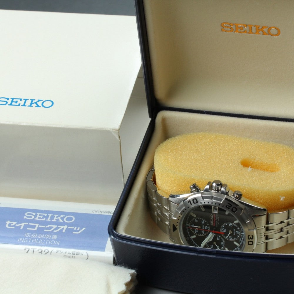 Near MINT SEIKO Chronograph 7T32-7G50 Black Quartz 39mm Men's Watch 1998