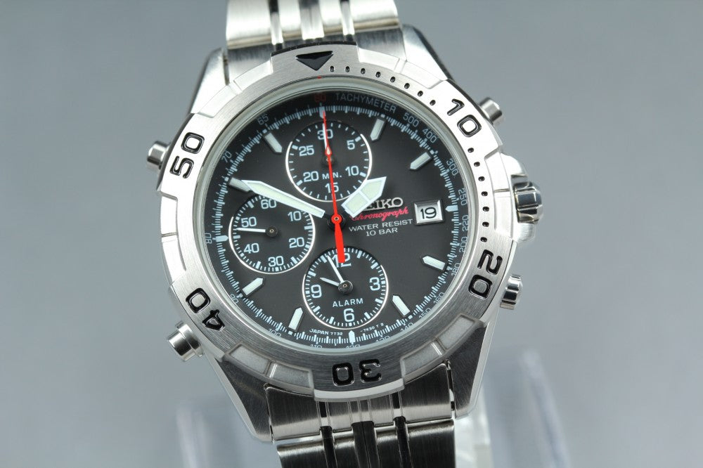 Near MINT SEIKO Chronograph 7T32-7G50 Black Quartz 39mm Men's Watch 1998