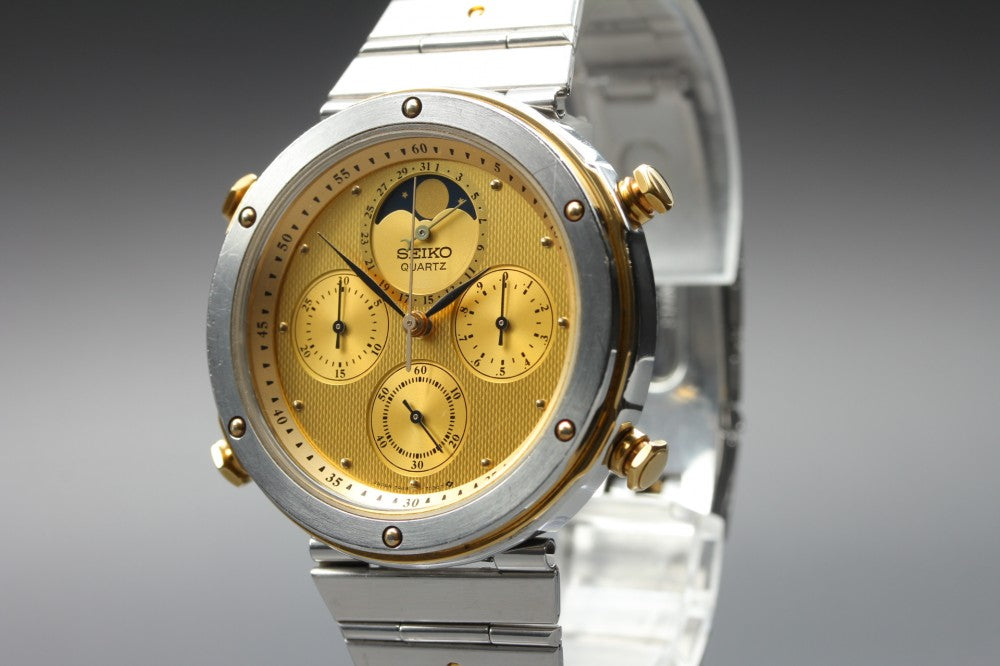 Near MINT SEIKO Chronograph 7A48-7010 Gold Quartz 39.4mm Men's Watch 1983