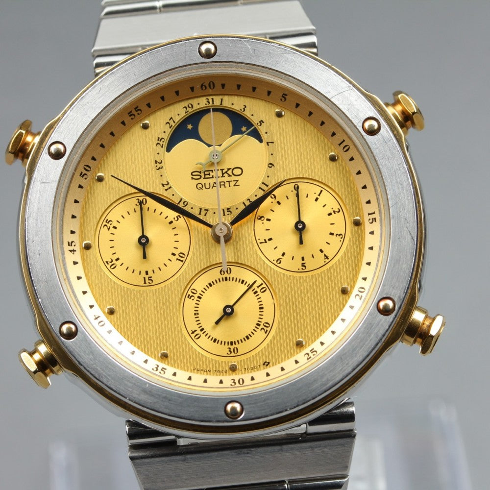 Near MINT SEIKO Chronograph 7A48-7010 Gold Quartz 39.4mm Men's Watch 1983