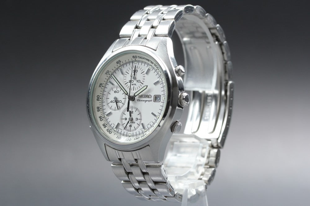 Near MINT SEIKO Chronograph 7T32-7C60 White Quartz 38.9mm Men's Watch 1996