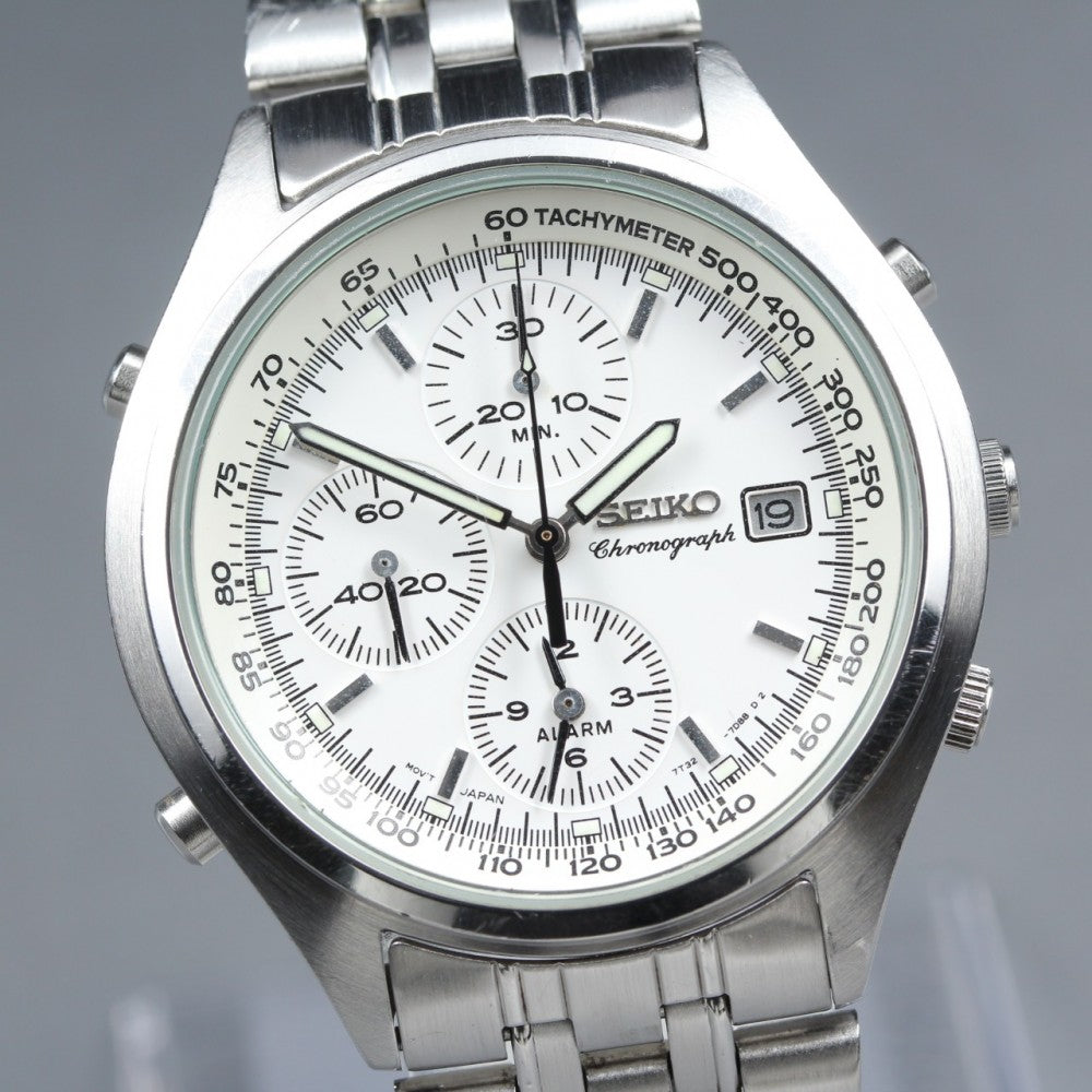 Near MINT SEIKO Chronograph 7T32-7C60 White Quartz 38.9mm Men's Watch 1996