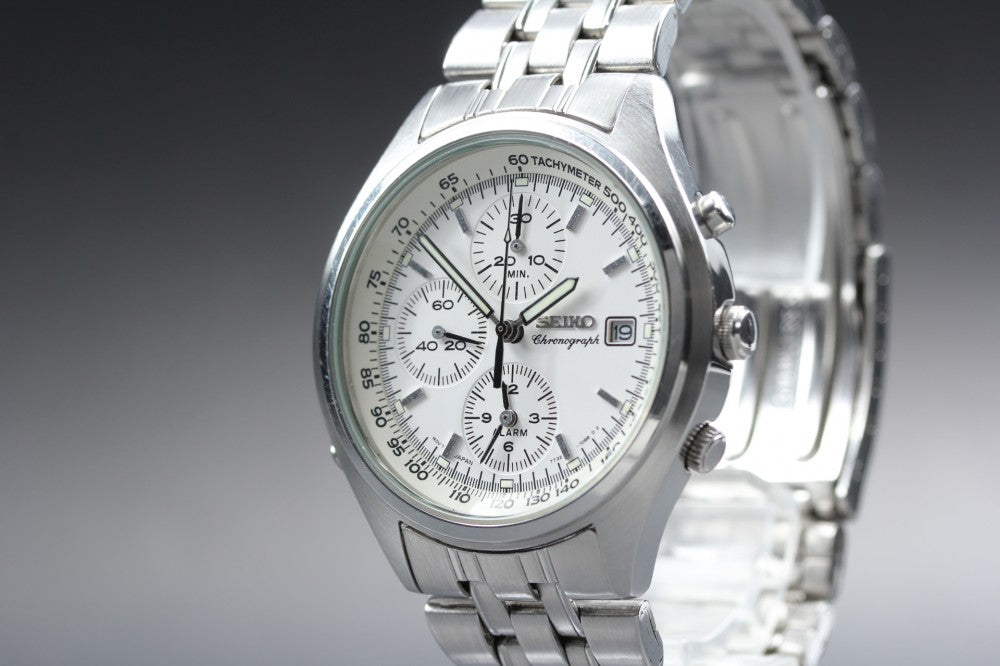 Near MINT SEIKO Chronograph 7T32-7C60 White Quartz 38.9mm Men's Watch 1996