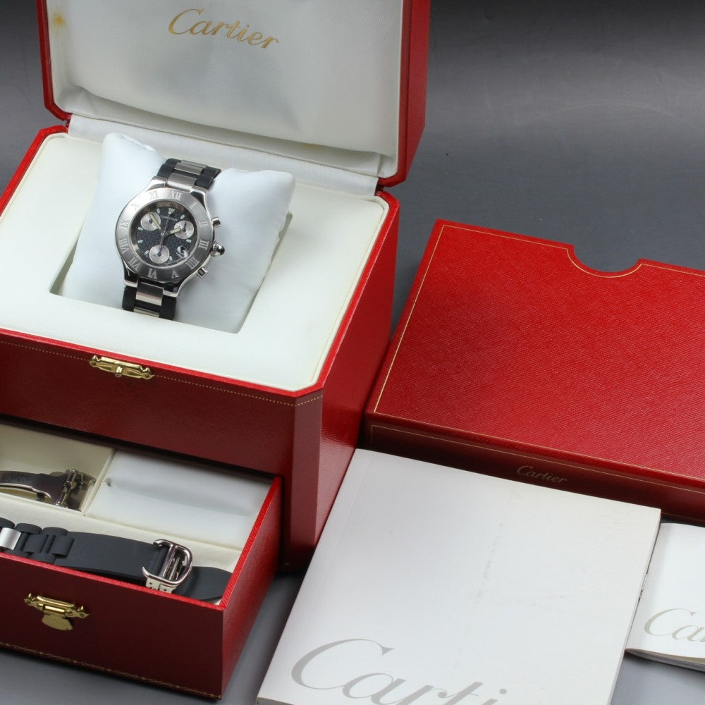 Near MINT Cartier Must 21 Chronoscaph 2424 Black Quartz 36.7mm Men's Watch