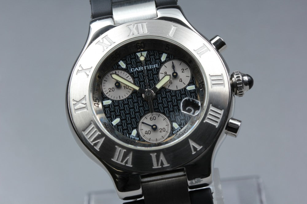 Near MINT Cartier Must 21 Chronoscaph 2424 Black Quartz 36.7mm Men's Watch