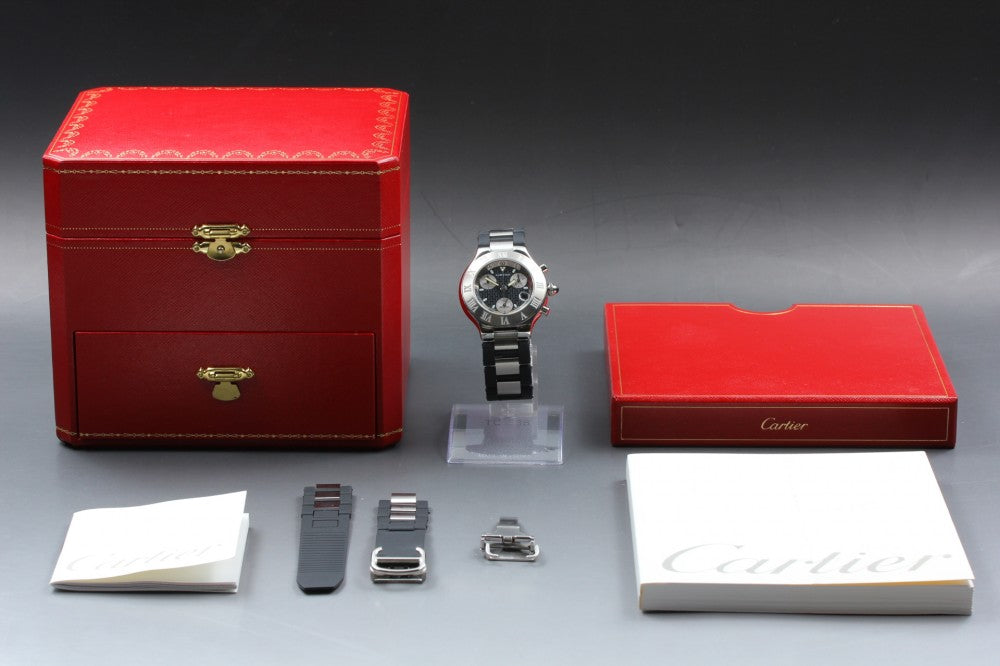 Near MINT Cartier Must 21 Chronoscaph 2424 Black Quartz 36.7mm Men's Watch