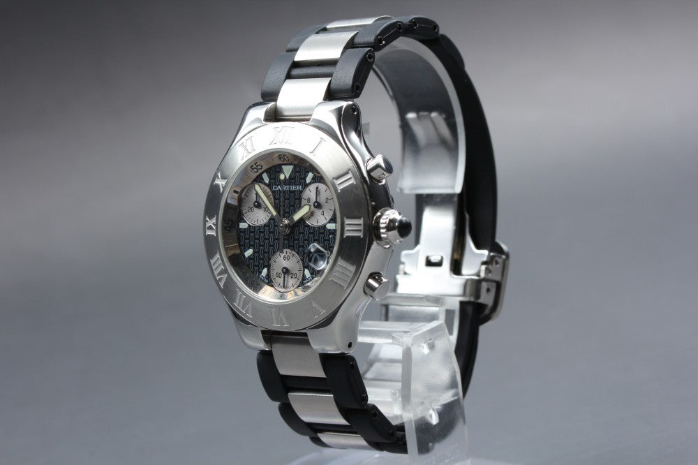 Near MINT Cartier Must 21 Chronoscaph 2424 Black Quartz 36.7mm Men's Watch