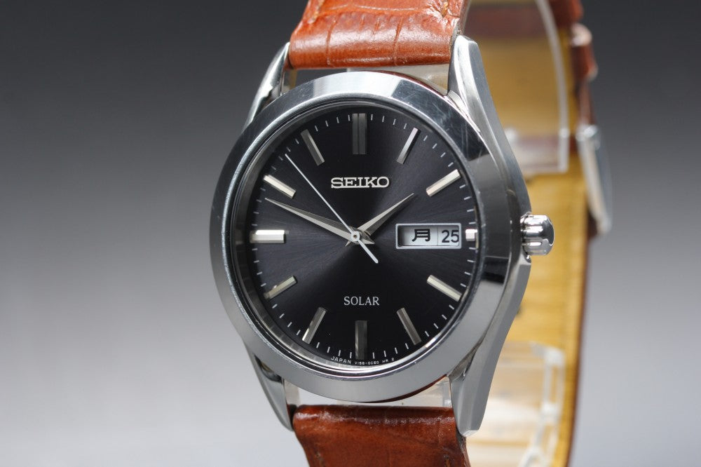 Near MINT SEIKO Spirit V158-0AZ0 Black Solar Quartz 37.3mm Men's Watch