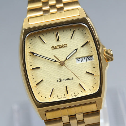 Near MINT SEIKO Chronos 5H23-5110 Gold Quartz 29.7mm Unisex Watch