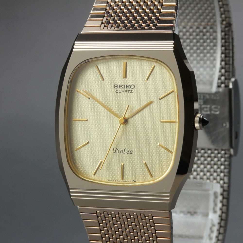 Near MINT SEIKO Dolce 7731-5090 Gold Quartz 30.4mm Men's Watch 1984