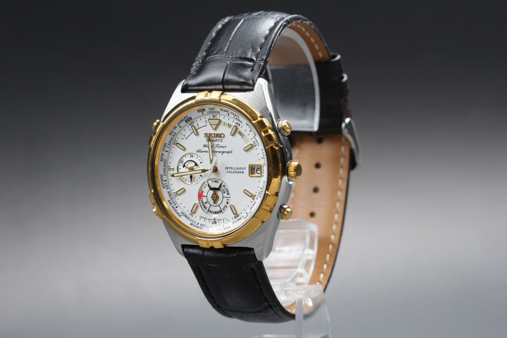 Near MINT SEIKO World Timer 6M15-0020 White Quartz 37.6mm Men's Watch 1995