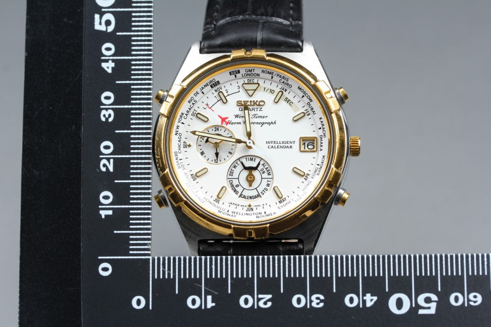 Near MINT SEIKO World Timer 6M15-0020 White Quartz 37.6mm Men's Watch 1995