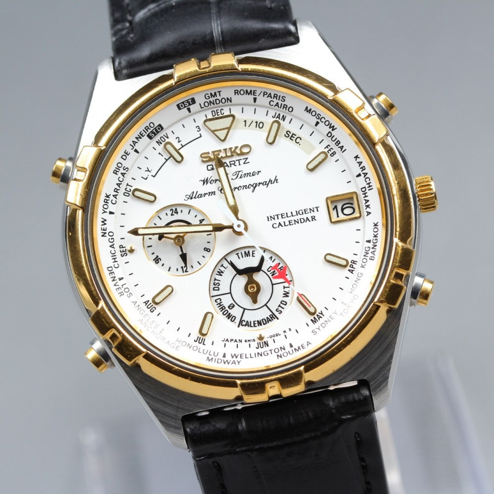 Near MINT SEIKO World Timer 6M15-0020 White Quartz 37.6mm Men's Watch 1995