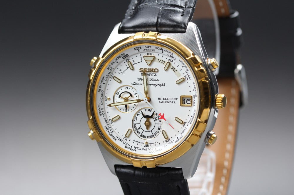 Near MINT SEIKO World Timer 6M15-0020 White Quartz 37.6mm Men's Watch 1995
