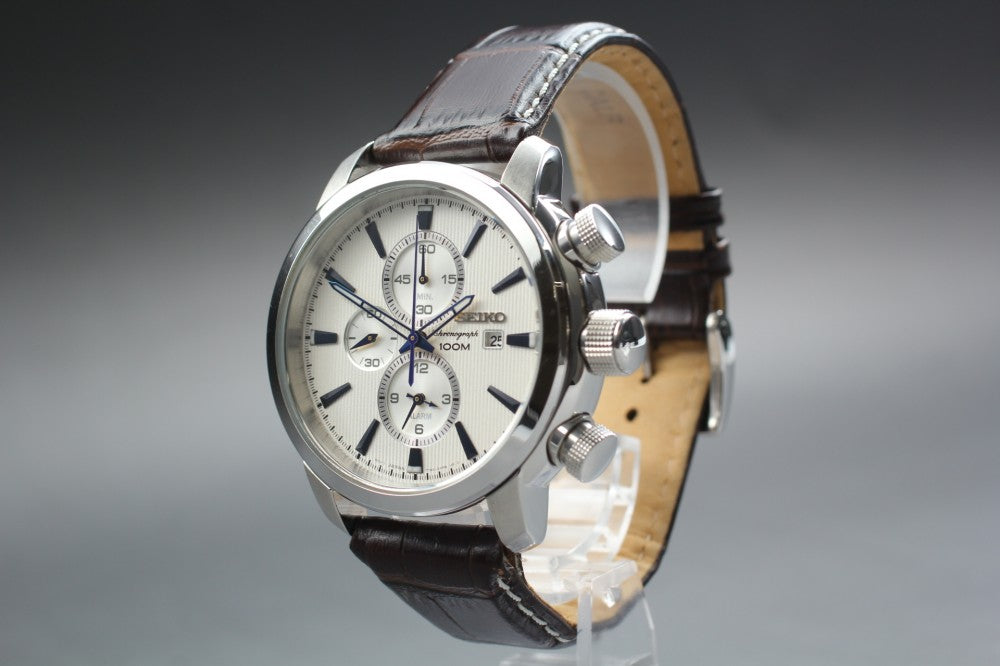 Near MINT SEIKO Chronograph SNAF51/7T62-0LG0 Silver Quartz 43.4mm Men's Watch