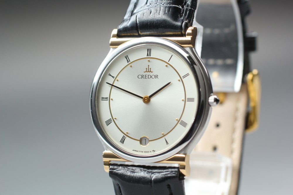 Near MINT SEIKO Credor 7779-6000 Silver Quartz 31mm Men's Watch 1988