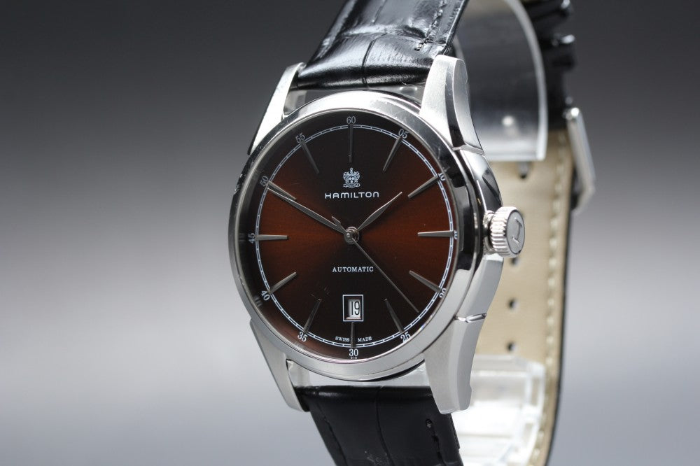 Near MINT HAMILTON Jazzmaster Split Of Liberty H424151 Brown Auto 41.4mm Men's Watch