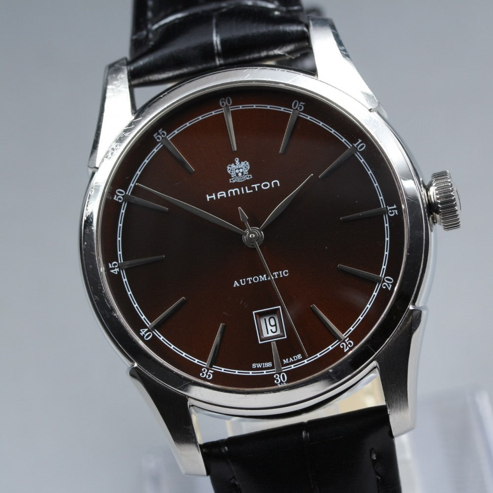 Near MINT HAMILTON Jazzmaster Split Of Liberty H424151 Brown Auto 41.4mm Men's Watch