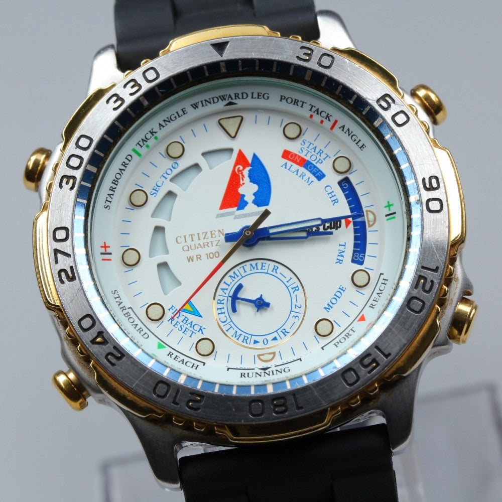 Near MINT CITIZEN America's Cup Yacht Timer 6840-G80621 White Quartz 40.5mm Men's Watch 1991