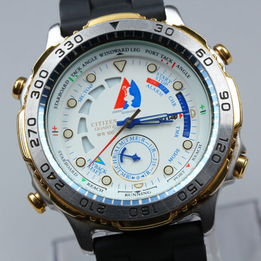 Near MINT CITIZEN America's Cup Yacht Timer 6840-G80621 White Quartz 40.5mm Men's Watch 1991
