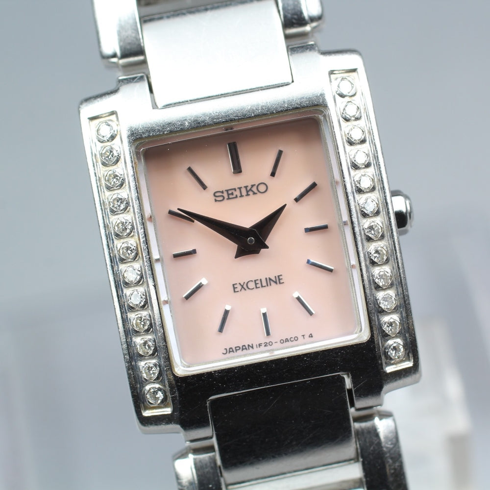 Near MINT SEIKO Exceline 1F20-0AD0 Pink Mother of Pearl Quartz 18.8mm Ladies Watch 1992