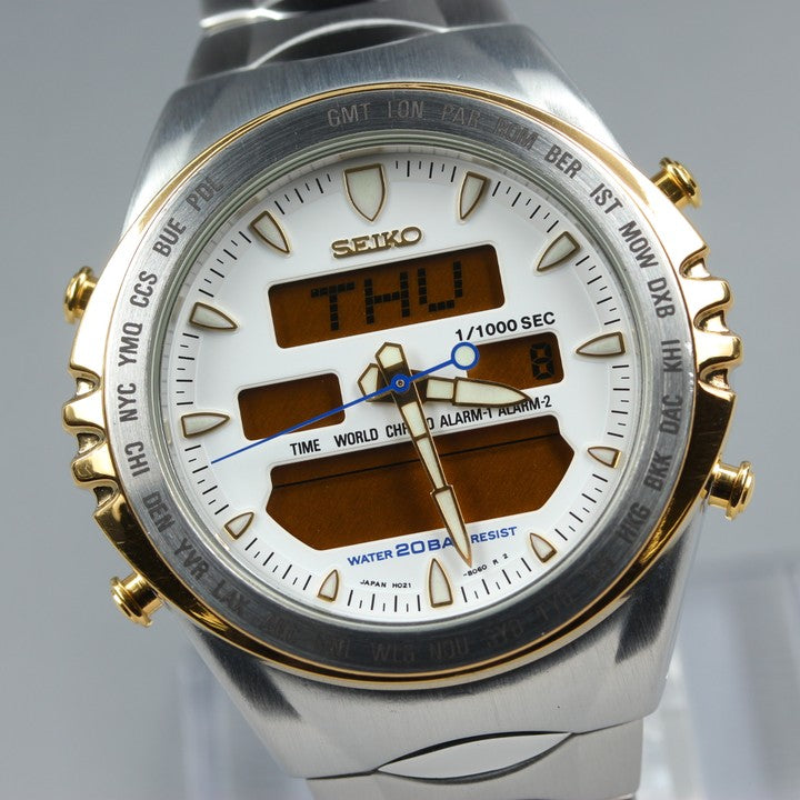 Near MINT SEIKO Macchina Sportiva H021-803A White Quartz 41mm Men's Watch 1987
