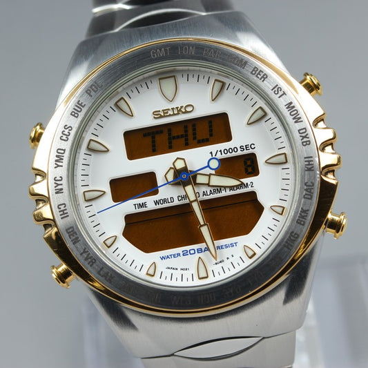 Near MINT SEIKO Macchina Sportiva H021-803A White Quartz 41mm Men's Watch 1987