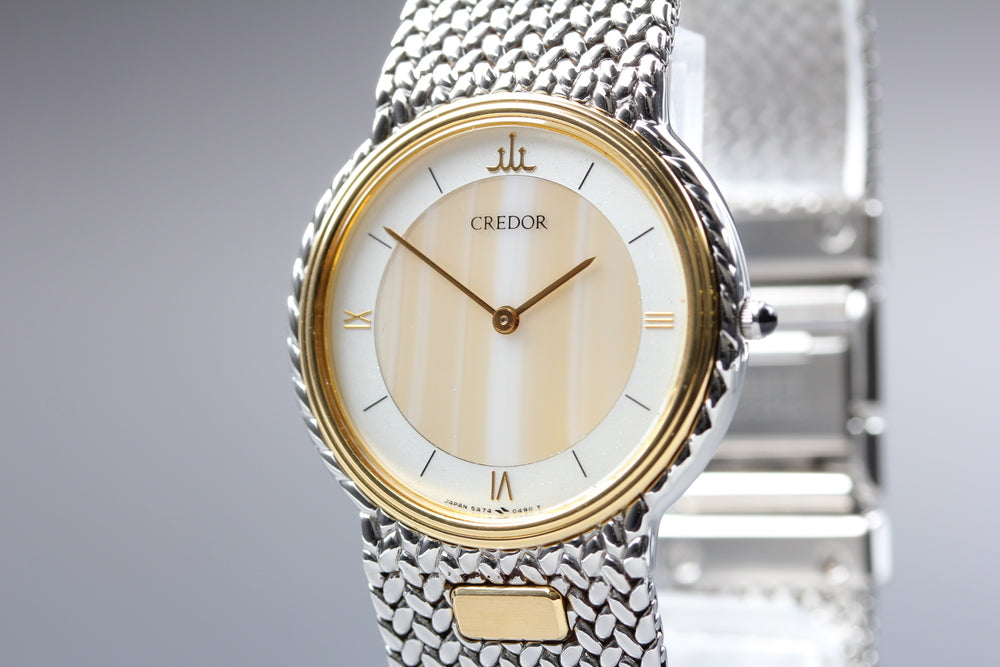 Near MINT SEIKO Credor 5A74-0240 Silver/Gold Quartz 32mm Men's Watch