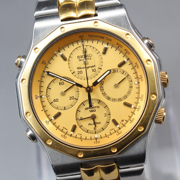 SEIKO Sports 150 Chronograph Alarm 7T34-7A10 Gold Quartz 38mm Men's Watch 1992
