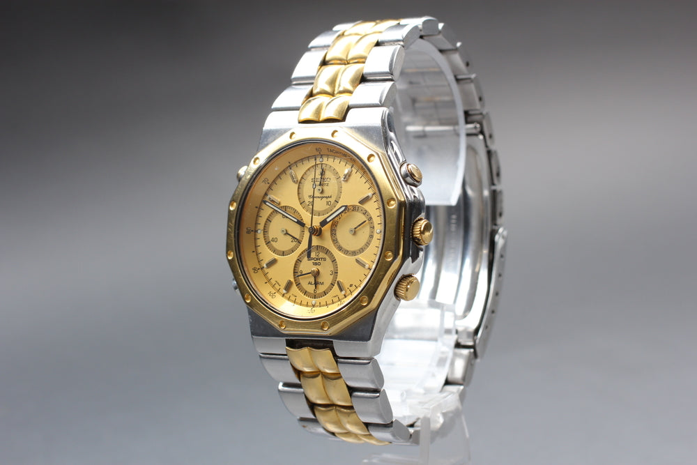 SEIKO Sports 150 Chronograph Alarm 7T34-7A10 Gold Quartz 38mm Men's Watch 1992